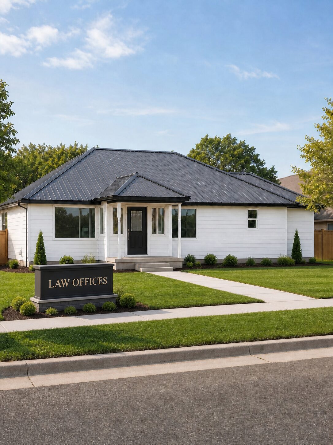Concept rendering of the building as a law office with monument sign set in the lawn